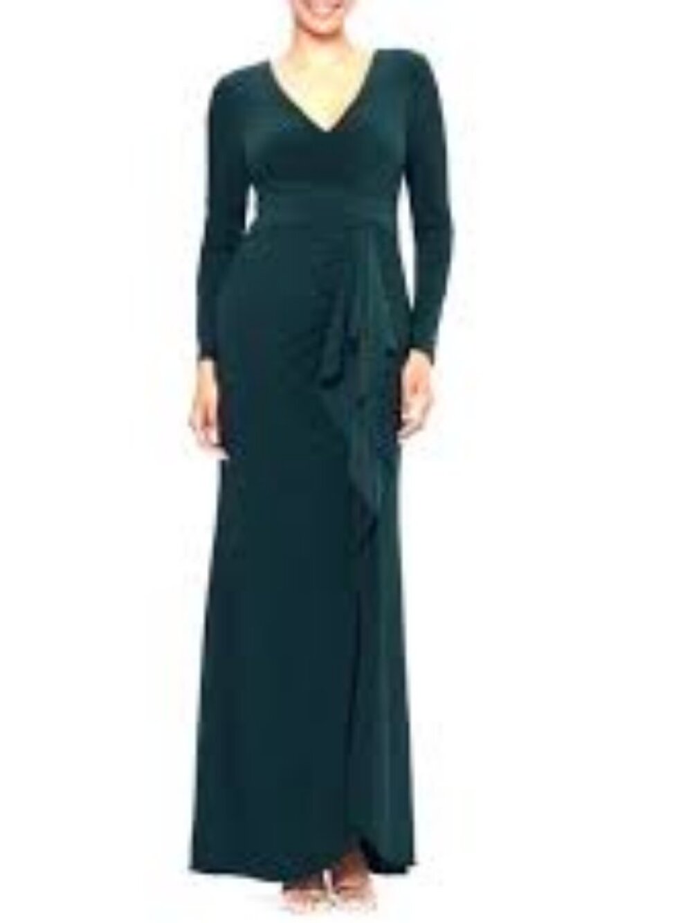 12 - NWT BETSY &  ADAM PINE GREEN CASCADE RUFFLE GOWN - Picture 3 of 4